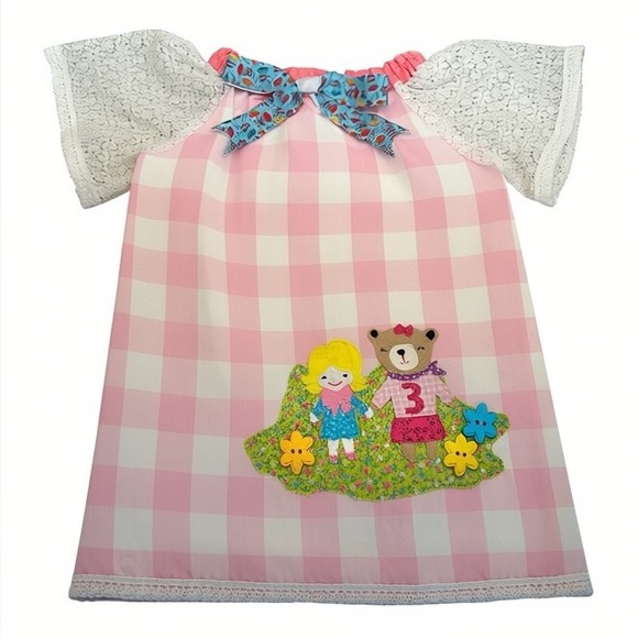 Freckled Chicken Other - Freckled Chicken Girls 3rd Birthday Pink Gingham Lace Applique Dress‎